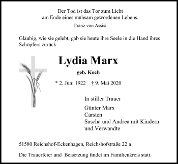 Anzeige von Lydia Marx von Kölner Stadt-Anzeiger / Kölnische Rundschau / Express
