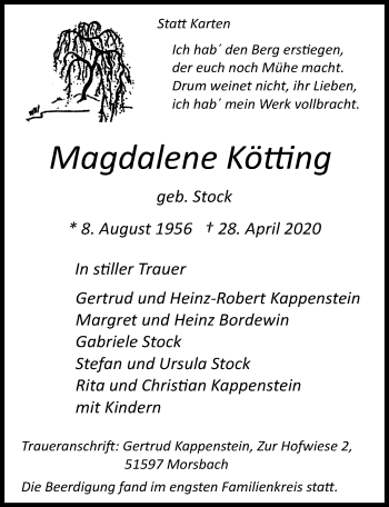 Anzeige von Magdalene Kötting von  Lokalanzeiger 
