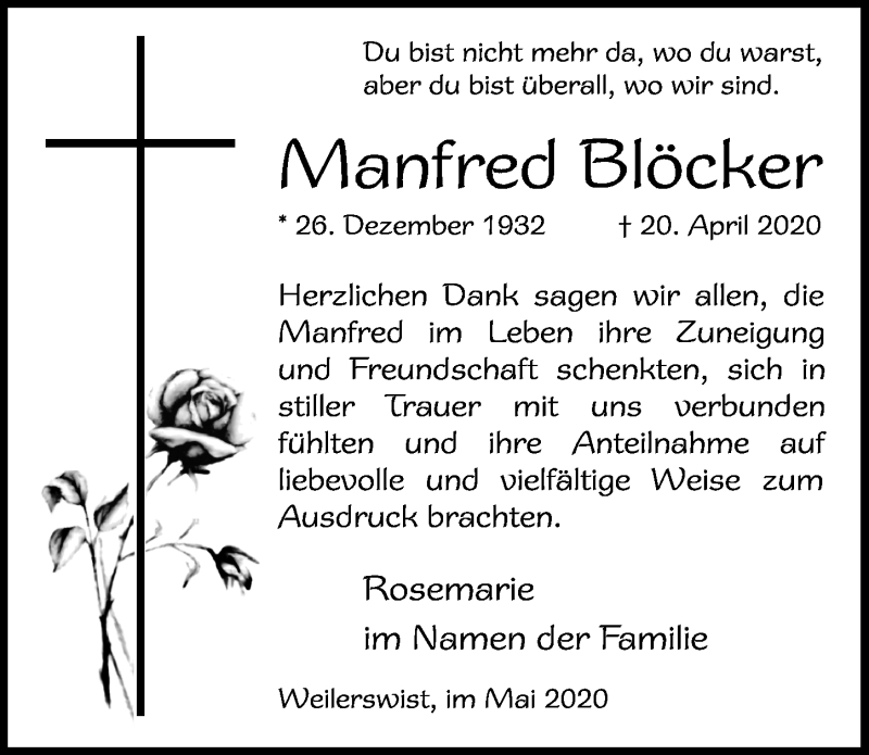  Traueranzeige für Manfred Blöcker vom 23.05.2020 aus  Blickpunkt Euskirchen 