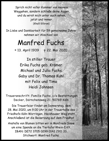 Anzeige von Manfred Fuchs von Kölner Stadt-Anzeiger / Kölnische Rundschau / Express
