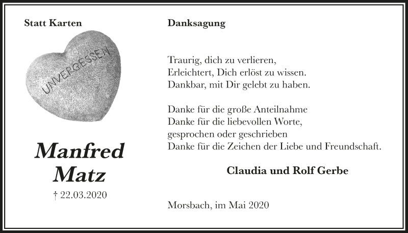 Traueranzeige für Manfred Matz vom 15.05.2020 aus  Lokalanzeiger 