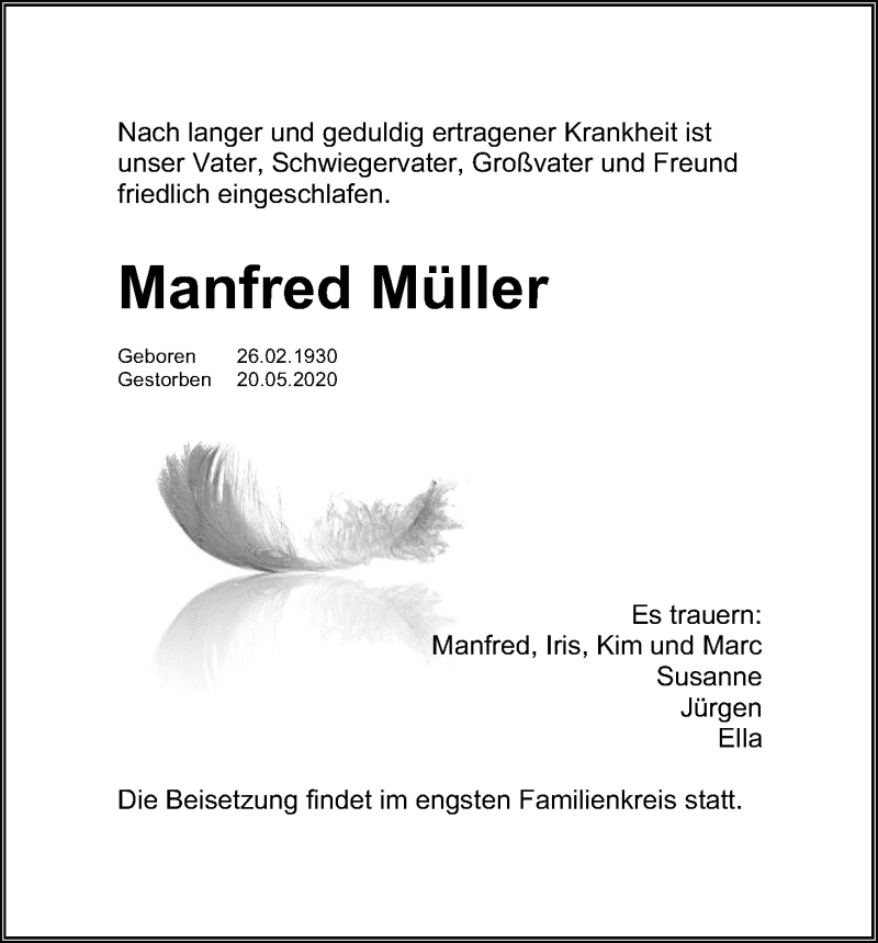  Traueranzeige für Manfred Müller vom 23.05.2020 aus Kölner Stadt-Anzeiger / Kölnische Rundschau / Express