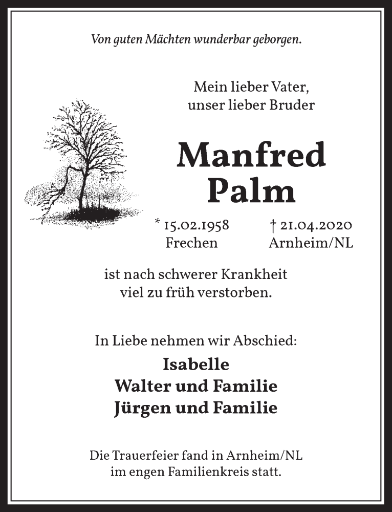  Traueranzeige für Manfred Palm vom 08.05.2020 aus  Wochenende 