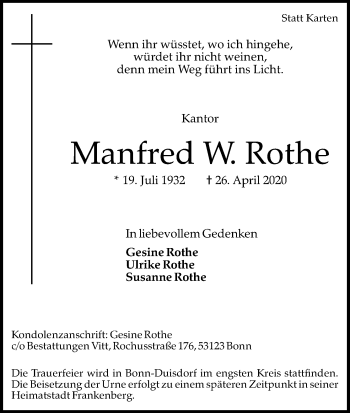 Anzeige von Manfred W. Rothe von Kölner Stadt-Anzeiger / Kölnische Rundschau / Express