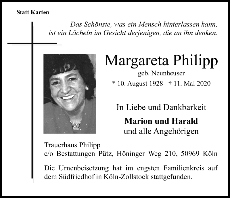  Traueranzeige für Margareta Philipp vom 30.05.2020 aus Kölner Stadt-Anzeiger / Kölnische Rundschau / Express