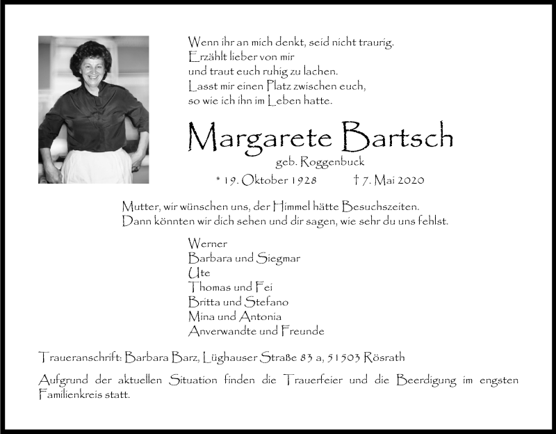 Traueranzeige für Margarete Bartsch vom 16.05.2020 aus Kölner Stadt-Anzeiger / Kölnische Rundschau / Express