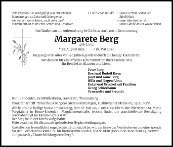 Anzeige von Margarete Berg von Kölner Stadt-Anzeiger / Kölnische Rundschau / Express