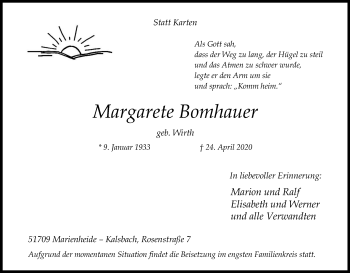 Anzeige von Margarete Bomhauer von Kölner Stadt-Anzeiger / Kölnische Rundschau / Express