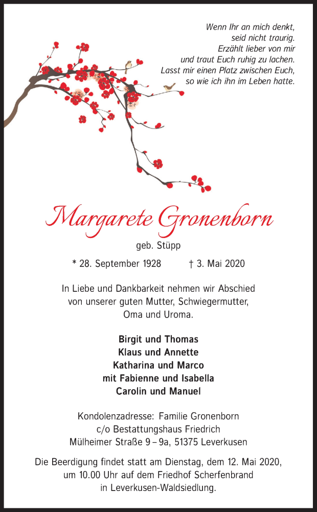  Traueranzeige für Margarete Gronenborn vom 09.05.2020 aus Kölner Stadt-Anzeiger / Kölnische Rundschau / Express