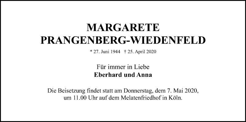  Traueranzeige für Margarete Prnagenberg-Wiedenfeld vom 02.05.2020 aus Kölner Stadt-Anzeiger / Kölnische Rundschau / Express