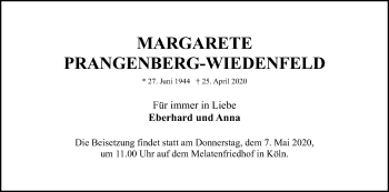 Anzeige von Margarete Prnagenberg-Wiedenfeld von Kölner Stadt-Anzeiger / Kölnische Rundschau / Express
