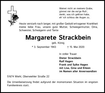 Anzeige von Margarete Strackbein von Kölner Stadt-Anzeiger / Kölnische Rundschau / Express