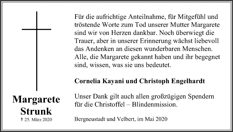  Traueranzeige für Margarete Strunk vom 02.05.2020 aus Kölner Stadt-Anzeiger / Kölnische Rundschau / Express