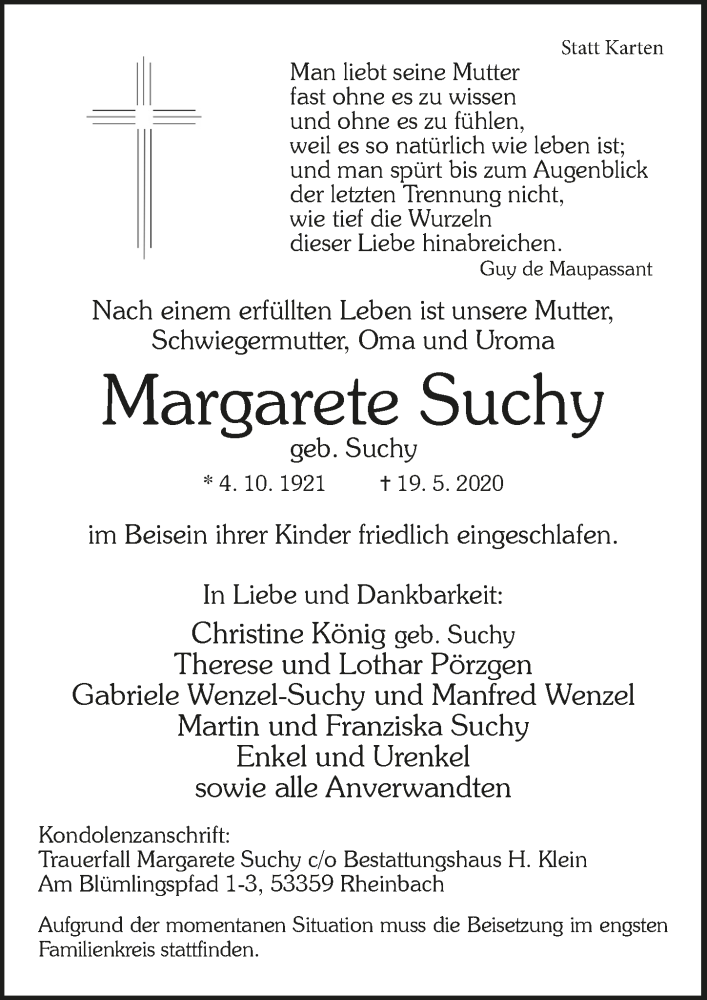  Traueranzeige für Margarete Suchy vom 29.05.2020 aus  Schaufenster/Blickpunkt 