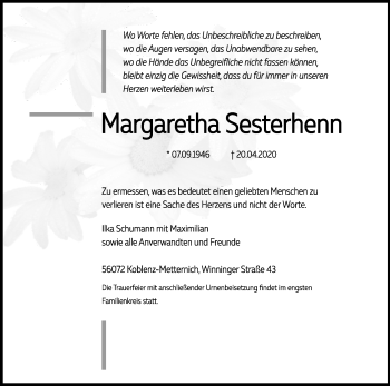 Anzeige von Margaretha Sesterhenn von Kölner Stadt-Anzeiger / Kölnische Rundschau / Express