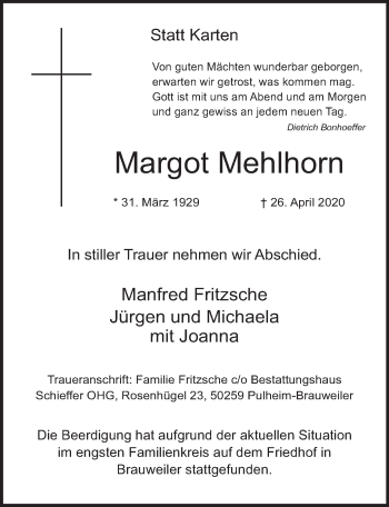 Anzeige von Margot Mehlhorn von  Wochenende 