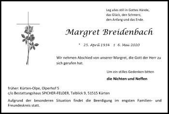 Anzeige von Margret Breidenbach von Kölner Stadt-Anzeiger / Kölnische Rundschau / Express