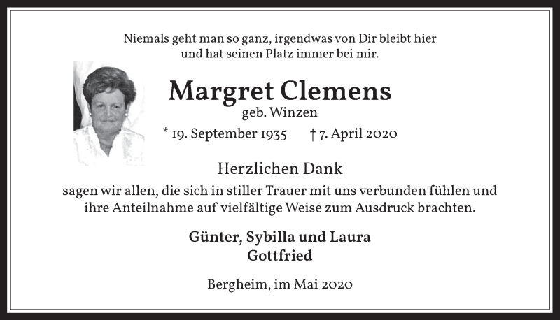  Traueranzeige für Margret Clemens vom 08.05.2020 aus  Werbepost 