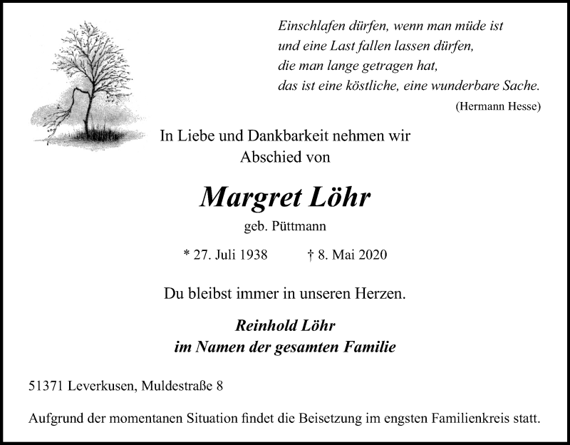  Traueranzeige für Margret Löhr vom 16.05.2020 aus Kölner Stadt-Anzeiger / Kölnische Rundschau / Express