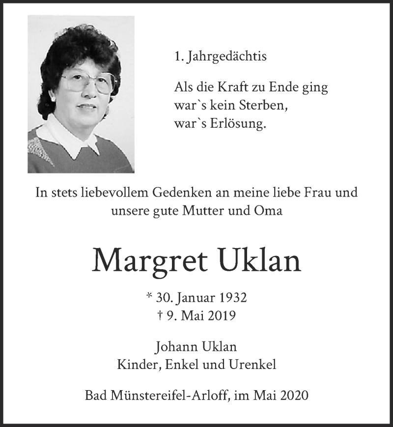  Traueranzeige für Margret Uklan vom 09.05.2020 aus  Blickpunkt Euskirchen 