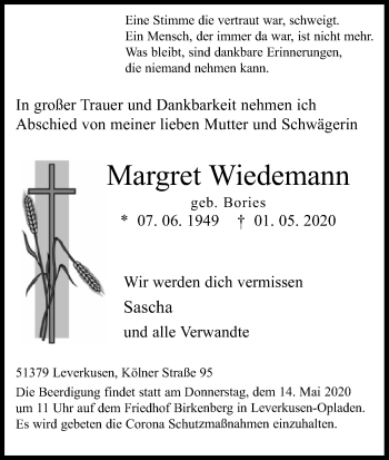 Anzeige von Margret Wiedemann von Kölner Stadt-Anzeiger / Kölnische Rundschau / Express