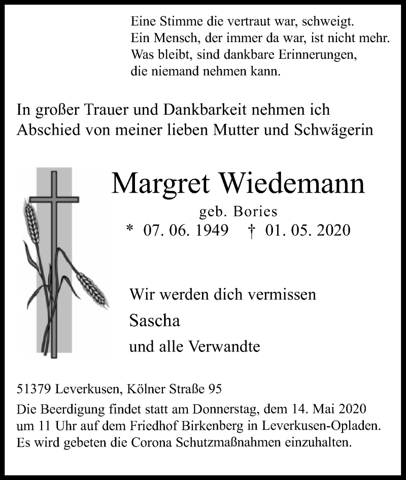  Traueranzeige für Margret Wiedemann vom 09.05.2020 aus Kölner Stadt-Anzeiger / Kölnische Rundschau / Express