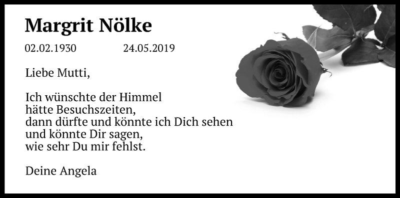  Traueranzeige für Margrit Nölke vom 23.05.2020 aus Kölner Stadt-Anzeiger / Kölnische Rundschau / Express