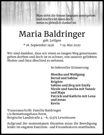 Anzeige von Maria Baldringer von Kölner Stadt-Anzeiger / Kölnische Rundschau / Express