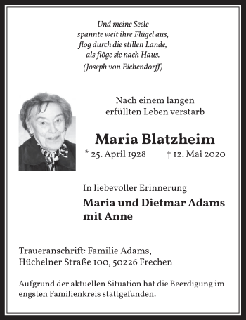 Anzeige von Maria Blatzheim von  Wochenende 