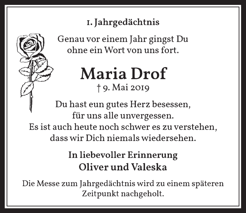 Traueranzeige für Maria Drof vom 08.05.2020 aus  Werbepost 
