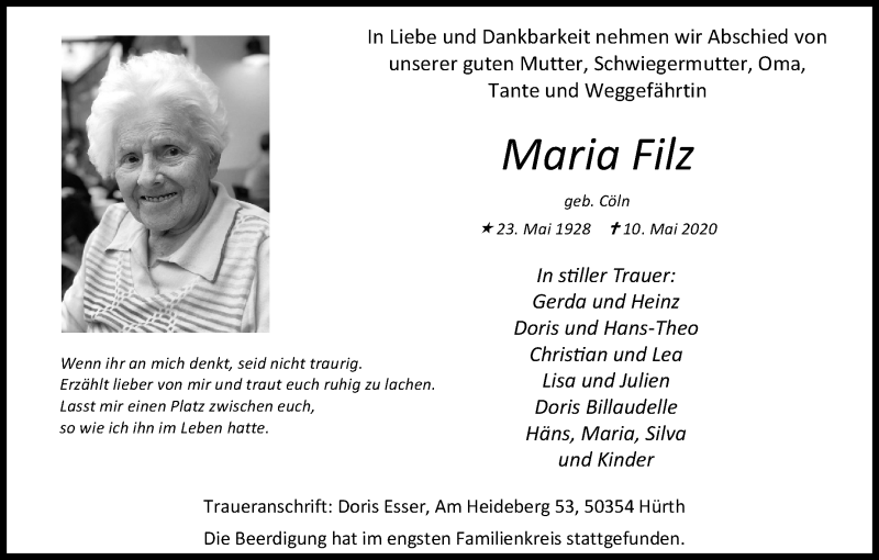  Traueranzeige für Maria Filz vom 16.05.2020 aus Kölner Stadt-Anzeiger / Kölnische Rundschau / Express