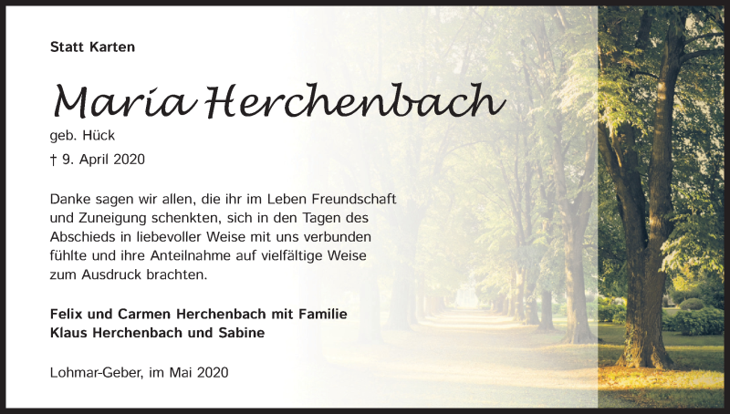  Traueranzeige für Maria Herchenbach vom 16.05.2020 aus Kölner Stadt-Anzeiger / Kölnische Rundschau / Express