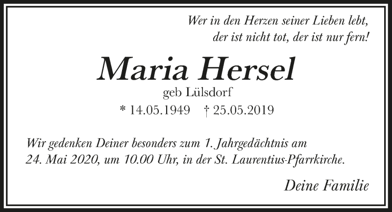  Traueranzeige für Maria Hersel vom 22.05.2020 aus  Extra Blatt 