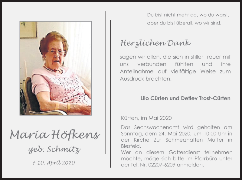  Traueranzeige für Maria Höfkens vom 16.05.2020 aus Kölner Stadt-Anzeiger / Kölnische Rundschau / Express