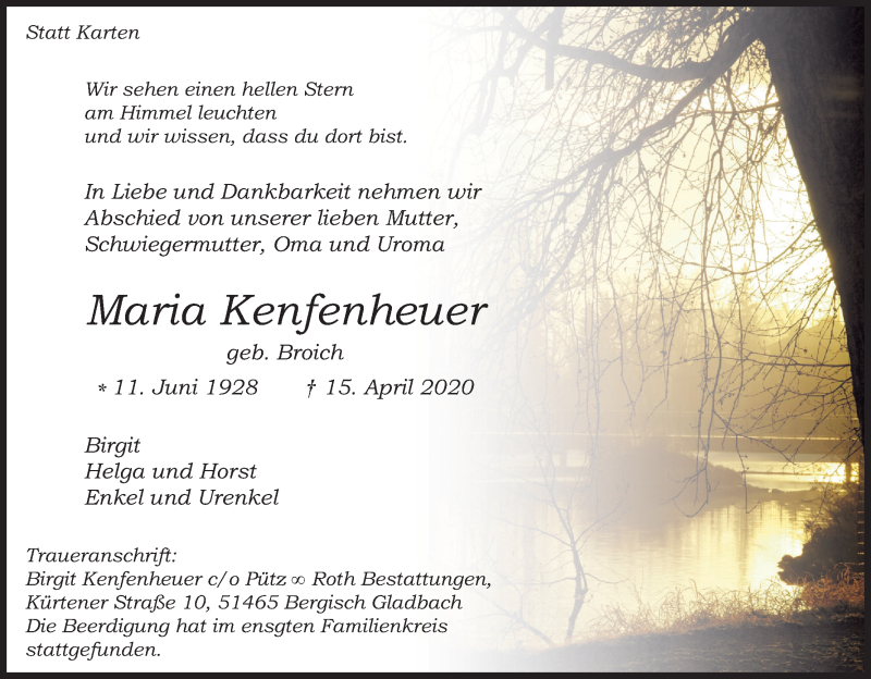  Traueranzeige für Maria Kenfenheuer vom 02.05.2020 aus Kölner Stadt-Anzeiger / Kölnische Rundschau / Express