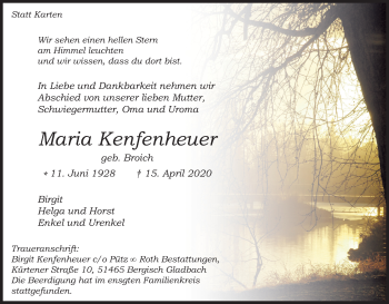 Anzeige von Maria Kenfenheuer von Kölner Stadt-Anzeiger / Kölnische Rundschau / Express