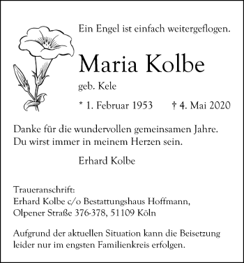 Anzeige von Maria Kolbe von Kölner Stadt-Anzeiger / Kölnische Rundschau / Express