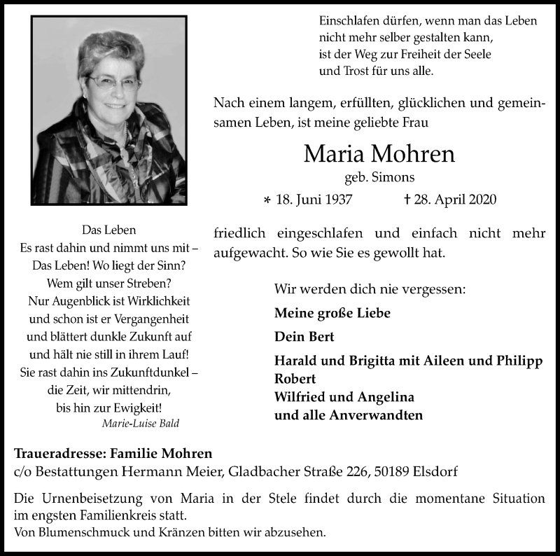  Traueranzeige für Maria Mohren vom 23.05.2020 aus Kölner Stadt-Anzeiger / Kölnische Rundschau / Express