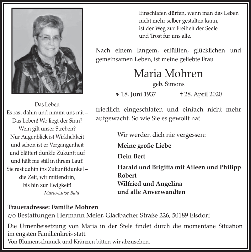  Traueranzeige für Maria Mohren vom 22.05.2020 aus  Werbepost 