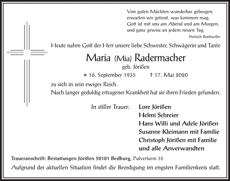  Traueranzeige für Maria Radermacher vom 22.05.2020 aus  Werbepost 