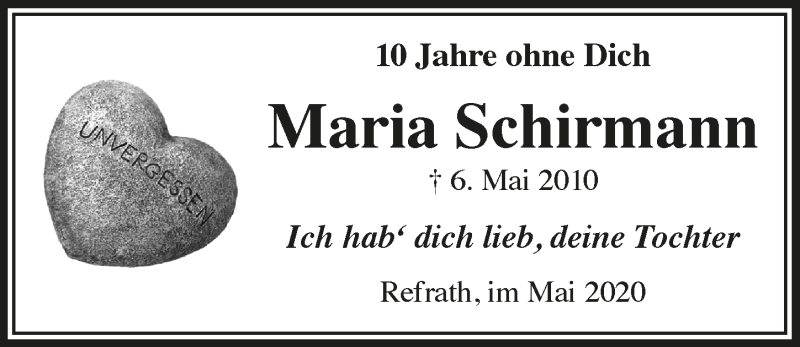  Traueranzeige für Maria Schirmann vom 08.05.2020 aus  Bergisches Handelsblatt 