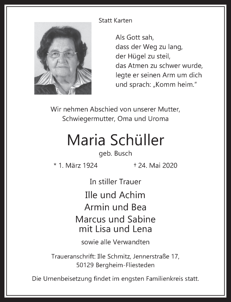  Traueranzeige für Maria Schüller vom 29.05.2020 aus  Werbepost 