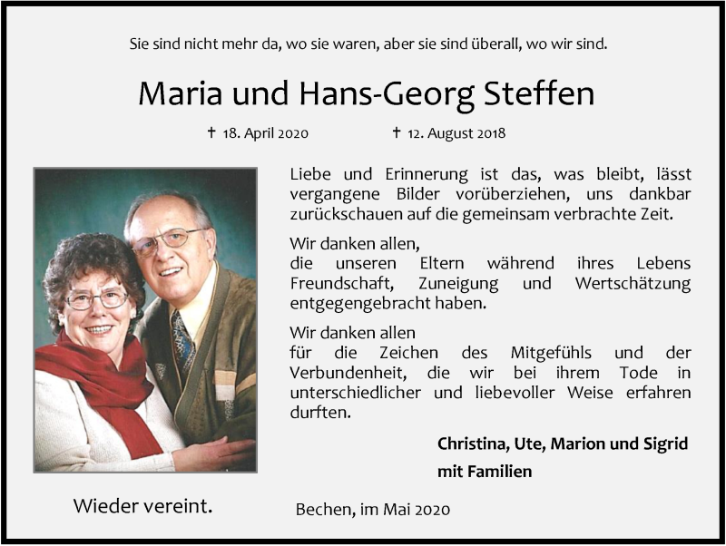  Traueranzeige für Maria Steffen vom 29.05.2020 aus  Bergisches Handelsblatt 