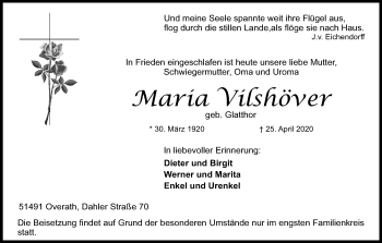 Anzeige von Maria Vilshöver von Kölner Stadt-Anzeiger / Kölnische Rundschau / Express