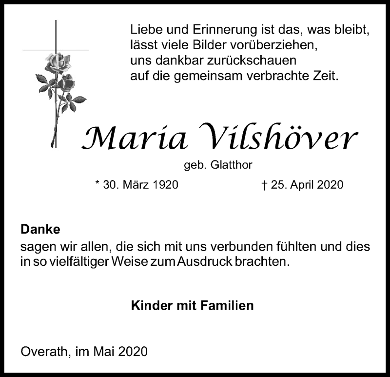  Traueranzeige für Maria Vilshöver vom 30.05.2020 aus Kölner Stadt-Anzeiger / Kölnische Rundschau / Express