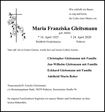 Anzeige von Maria Franziska Gleitsmann von Kölner Stadt-Anzeiger / Kölnische Rundschau / Express