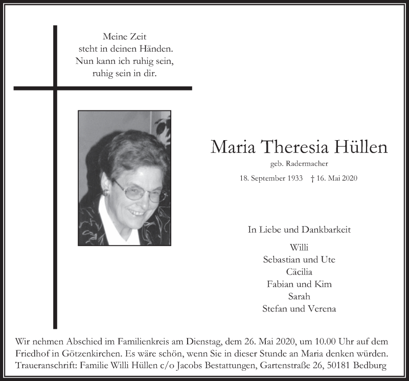  Traueranzeige für Maria Theresia Hüllen vom 22.05.2020 aus  Werbepost 