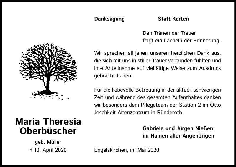  Traueranzeige für Maria Theresia Oberbüscher vom 23.05.2020 aus Kölner Stadt-Anzeiger / Kölnische Rundschau / Express