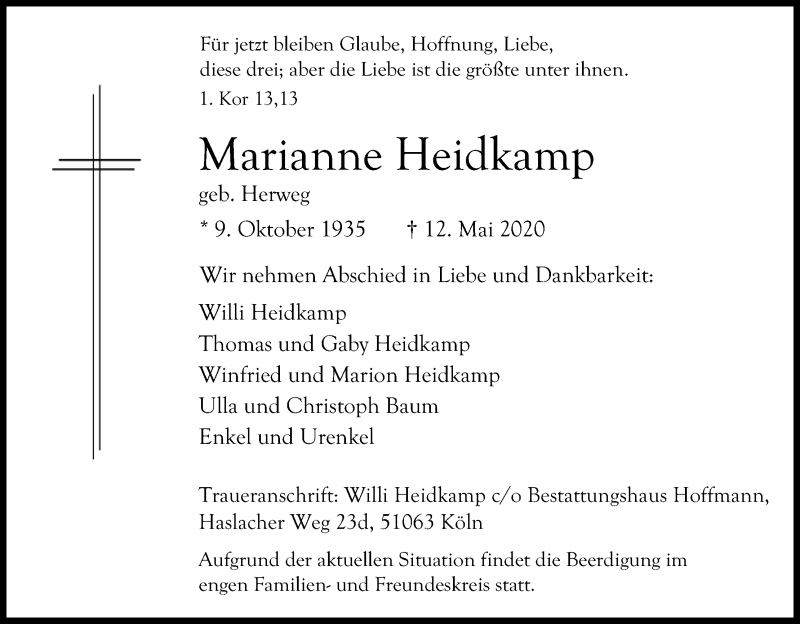  Traueranzeige für Marianne Heidkamp vom 16.05.2020 aus Kölner Stadt-Anzeiger / Kölnische Rundschau / Express