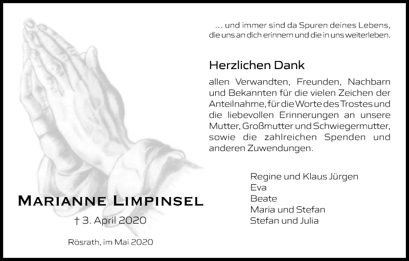  Traueranzeige für Marianne Limpinsel vom 02.05.2020 aus Kölner Stadt-Anzeiger / Kölnische Rundschau / Express